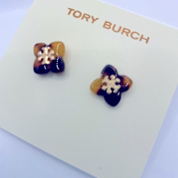 New Tory Burch Tortoise Flower Gold Logo Stud Earrings - Picture 5 of 10